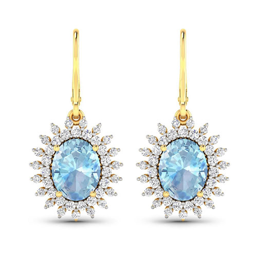 Earrings-3.40 Carat Genuine Aquamarine and White Diamond 14K Yellow Gold Earrings