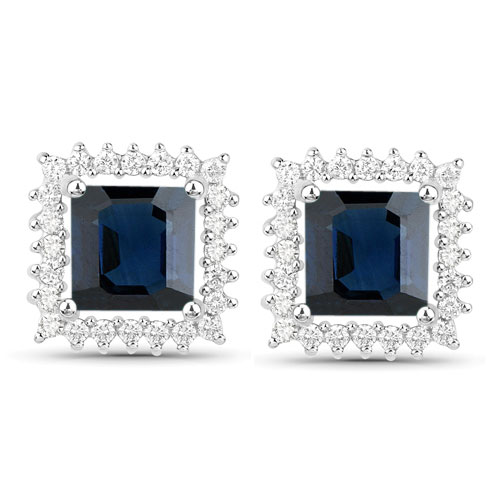 Earrings-1.62 Carat Genuine Blue Sapphire and White Diamond 14K White Gold Earrings