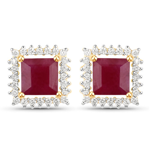 Earrings-1.52 Carat Genuine Ruby and White Diamond  14K Yellow Gold Earrings