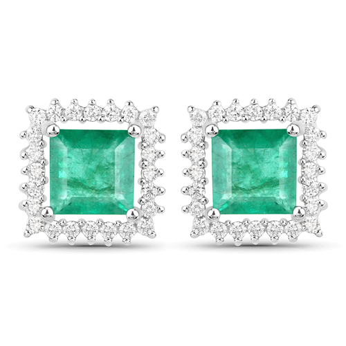 Emerald-1.12 Carat Genuine Zambian Emerald and White Diamond 14K White Gold Earrings