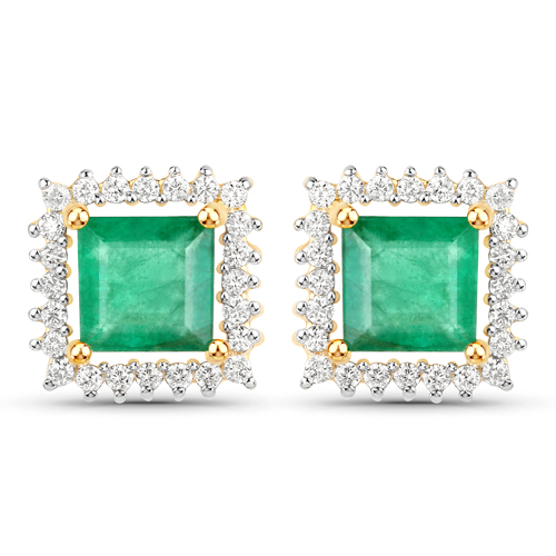 Emerald-1.12 Carat Genuine Zambian Emerald and White Diamond 14K Yellow Gold Earrings