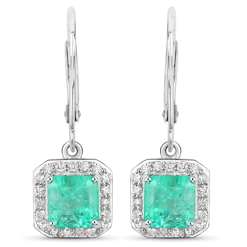 Emerald-2.22 Carat Genuine Columbian Emerald and White Diamond 14K White Gold Earrings