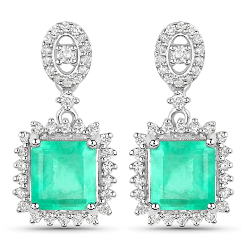 Emerald-2.16 Carat Genuine Columbian Emerald and White Diamond 14K White Gold Earrings