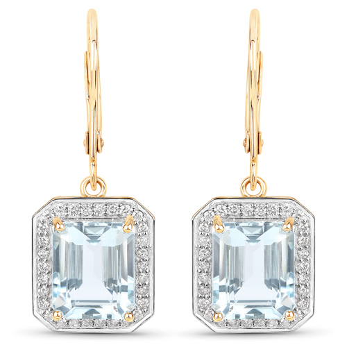 Earrings-9.24 Carat Genuine Aquamarine and White Diamond 14K Yellow Gold Earrings