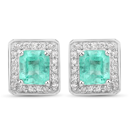 Emerald-2.03 Carat Genuine Columbian Emerald and White Diamond 14K White Gold Earrings