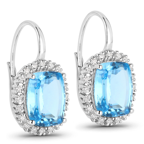 Earrings-7.40 Carat Genuine Swiss Blue Topaz and White Diamond 14K White Gold Earrings