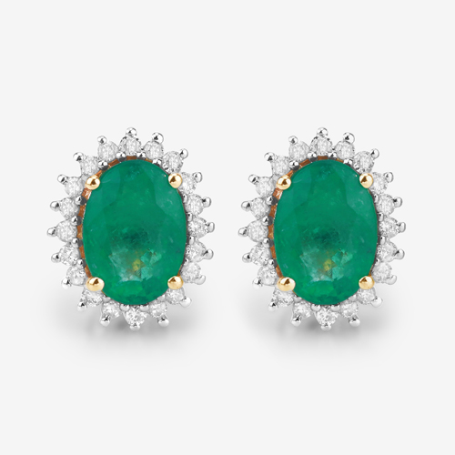 1.68 Carat Genuine Zambian Emerald and White Diamond 14K Yellow Gold Earrings