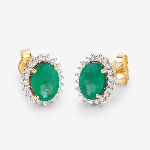 1.68 Carat Genuine Zambian Emerald and White Diamond 14K Yellow Gold Earrings