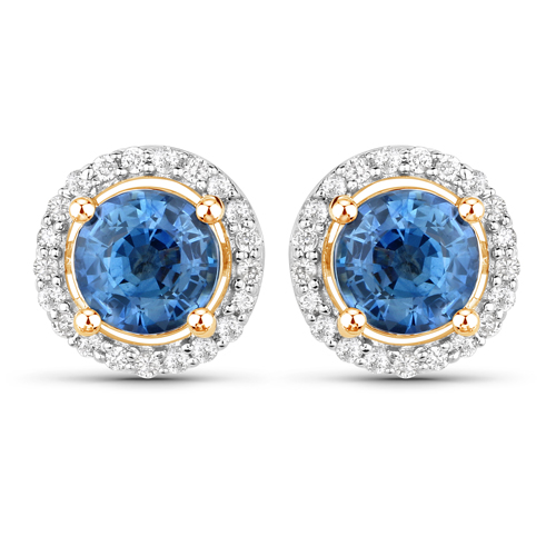 Earrings-1.42 Carat Genuine Blue Sapphire and White Diamond 14K Yellow Gold Earrings