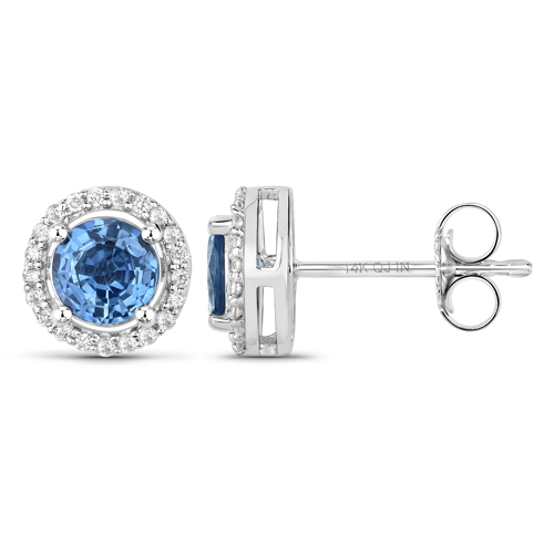 1.42 Carat Genuine Blue Sapphire and White Diamond 14K White Gold Earrings