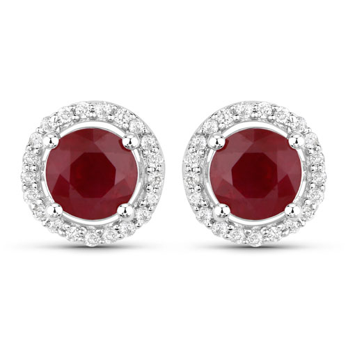 Earrings-1.50 Carat Genuine Ruby and White Diamond 14K White Gold Earrings