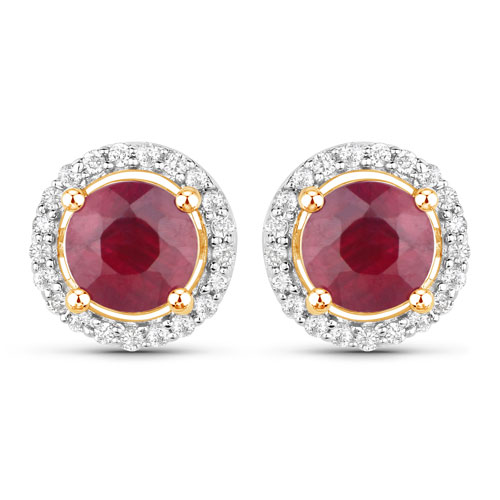 Earrings-1.50 Carat Genuine Ruby and White Diamond 14K Yellow Gold Earrings