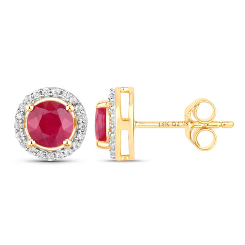 1.22 Carat Genuine Ruby and White Diamond 14K Yellow Gold Earrings
