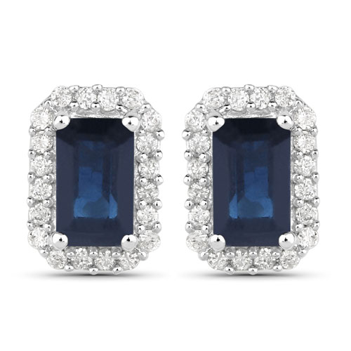 Earrings-0.91 Carat Genuine Blue Sapphire and White Diamond 14K White Gold Earrings