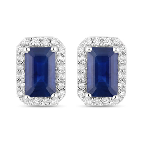 Earrings-0.91 Carat Genuine Blue Sapphire and White Diamond 14K White Gold Earrings