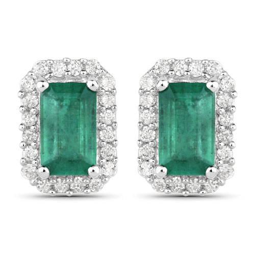 Emerald-0.91 Carat Genuine Zambian Emerald and White Diamond 14K White Gold Earrings