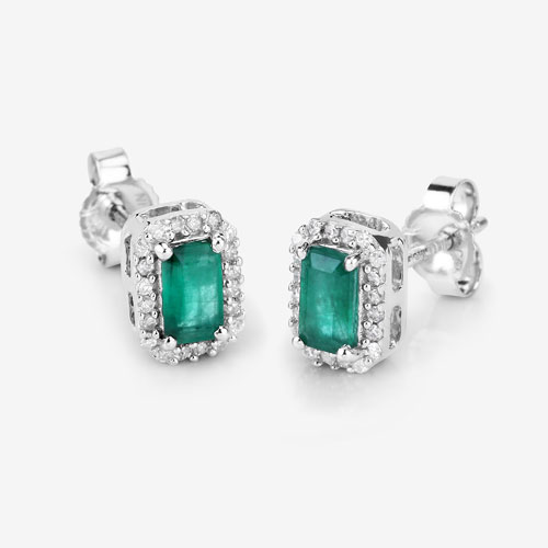 0.91 Carat Genuine Zambian Emerald and White Diamond 14K White Gold Earrings