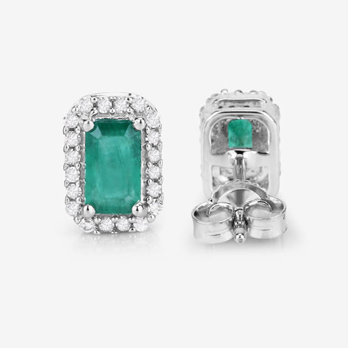 0.91 Carat Genuine Zambian Emerald and White Diamond 14K White Gold Earrings