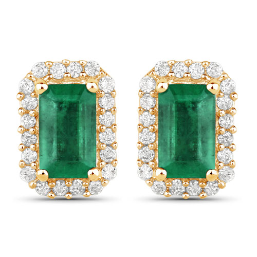 Emerald-0.91 Carat Genuine Zambian Emerald and White Diamond 14K Yellow Gold Earrings