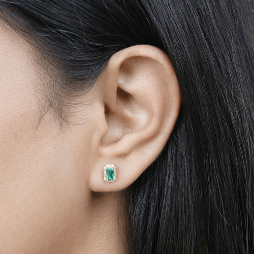 0.91 Carat Genuine Zambian Emerald and White Diamond 14K Yellow Gold Earrings
