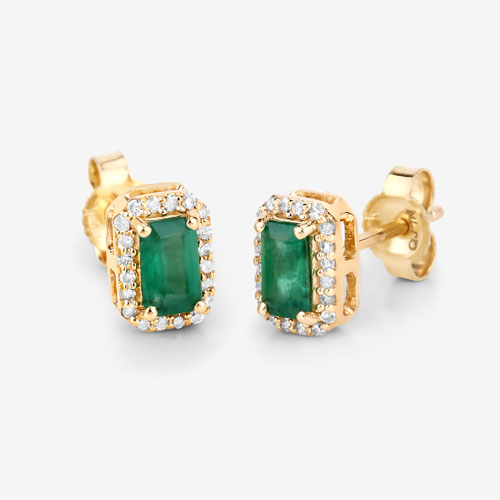 0.91 Carat Genuine Zambian Emerald and White Diamond 14K Yellow Gold Earrings