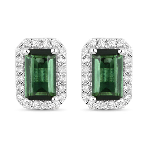 Earrings-0.76 Carat Genuine Green Tourmaline and White Diamond 14K White Gold Earrings