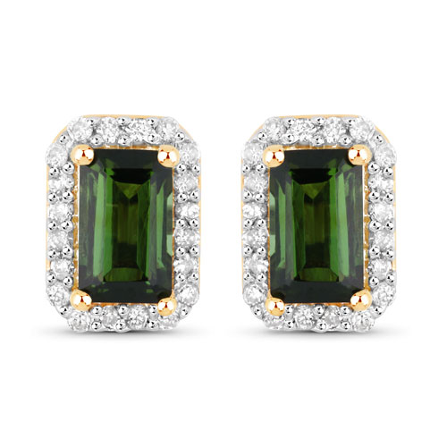 Earrings-0.76 Carat Genuine Green Tourmaline and White Diamond 14K Yellow Gold Earrings