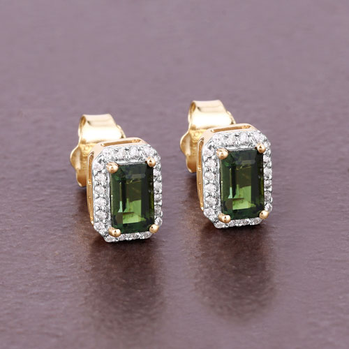 0.76 Carat Genuine Green Tourmaline and White Diamond 14K Yellow Gold Earrings