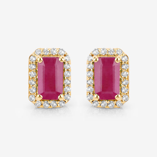 0.75 Carat Genuine Ruby and White Diamond 14K Yellow Gold Earrings