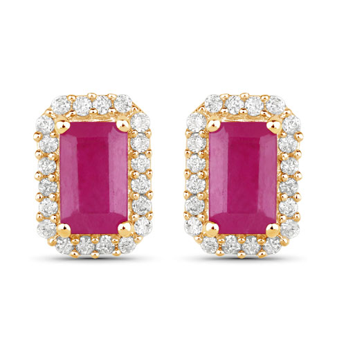 Earrings-0.75 Carat Genuine Ruby and White Diamond 14K Yellow Gold Earrings
