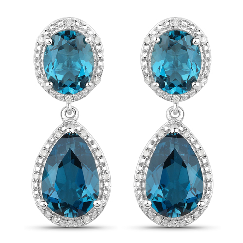 Earrings-11.45 Carat Genuine London Blue Topaz and White Diamond .925 Sterling Silver Earrings