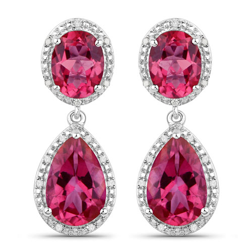 Earrings-11.35 Carat Genuine Pink Topaz and White Diamond .925 Sterling Silver Earrings