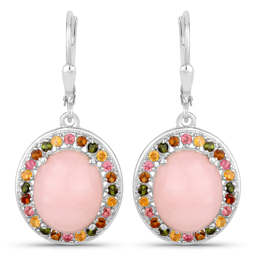 Opal-10.06 Carat Genuine Pink Opal and Multi Tourmaline .925 Sterling Silver Earrings