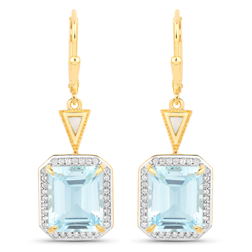 Earrings-11.12 Carat Genuine Blue Topaz, Mother Of Pearl and White Topaz .925 Sterling Silver Earrings
