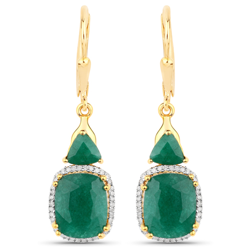 Emerald-8.91 Carat Dyed Emerald and White Diamond .925 Sterling Silver Earrings