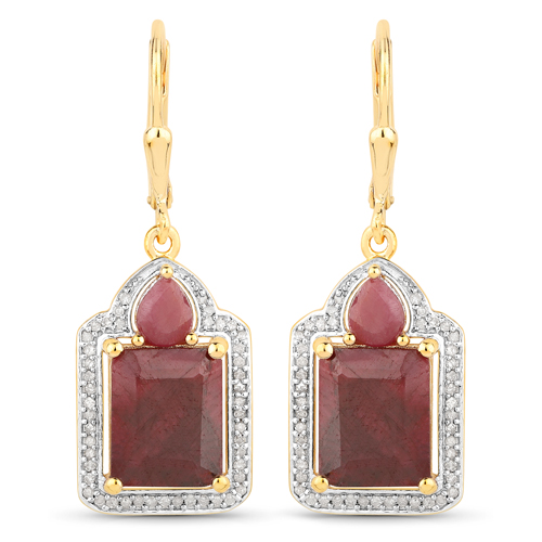 Earrings-9.46 Carat Dyed Ruby, Ruby and White Diamond .925 Sterling Silver Earrings
