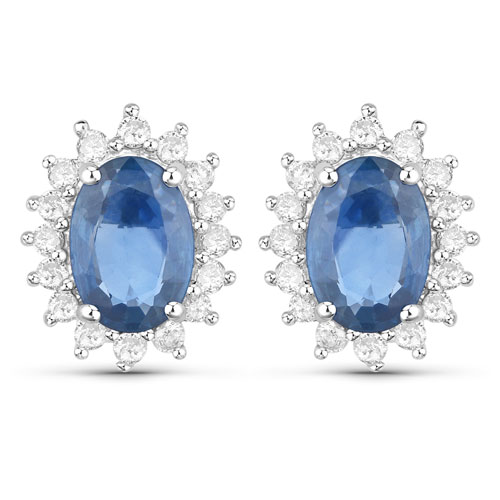 Earrings-2.22 Carat Genuine Blue Sapphire and White Diamond 14K White Gold Earrings