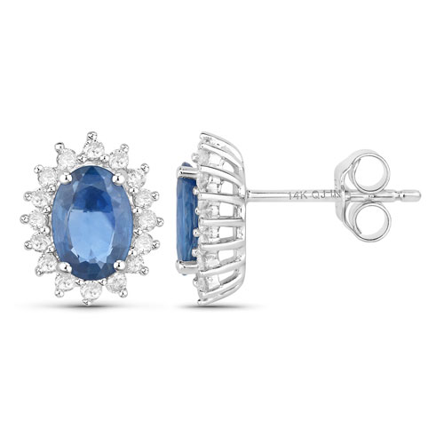 2.22 Carat Genuine Blue Sapphire and White Diamond 14K White Gold Earrings