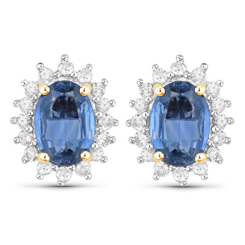 Earrings-2.22 Carat Genuine Blue Sapphire and White Diamond 14K Yellow Gold Earrings