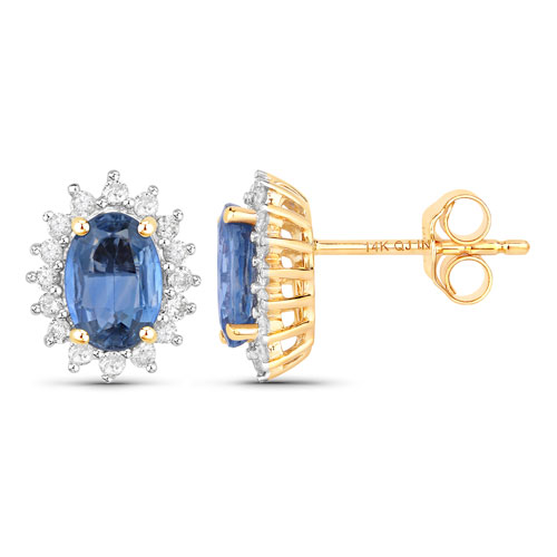 2.22 Carat Genuine Blue Sapphire and White Diamond 14K Yellow Gold Earrings
