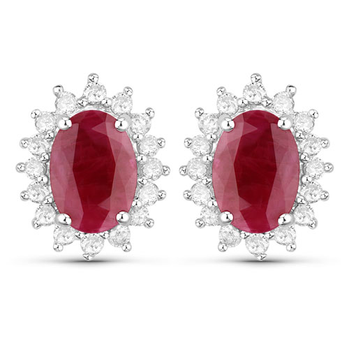 Earrings-2.02 Carat Genuine Ruby and White Diamond 14K White Gold Earrings