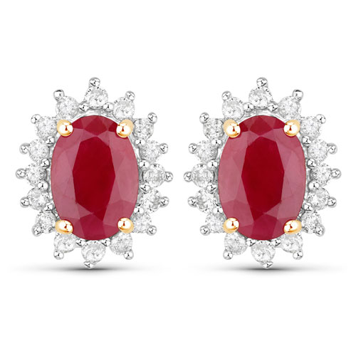 Earrings-2.02 Carat Genuine Ruby and White Diamond 14K Yellow Gold Earrings