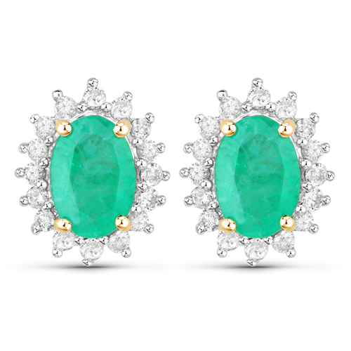 Emerald-1.76 Carat Genuine Zambian Emerald and White Diamond 14K Yellow Gold Earrings