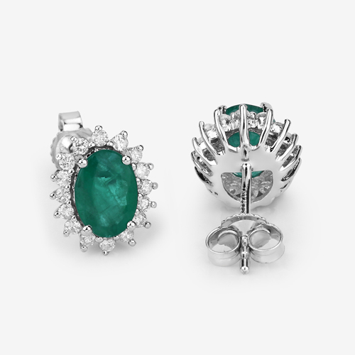 1.76 Carat Genuine Zambian Emerald and White Diamond 14K White Gold Earrings