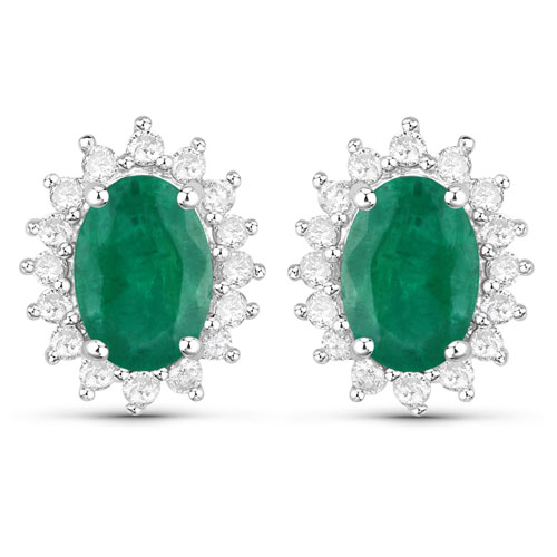 Emerald-1.72 Carat Genuine Zambian Emerald and White Diamond 14K White Gold Earrings