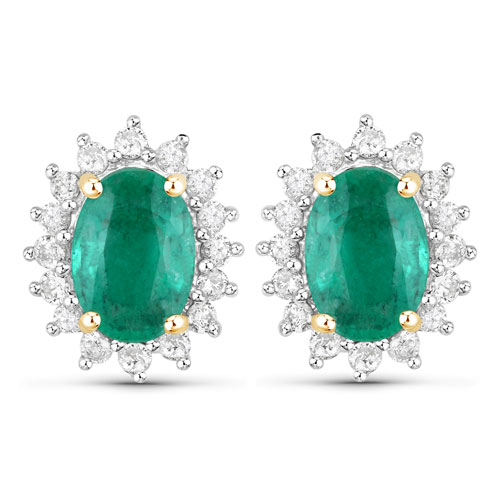 Emerald-1.72 Carat Genuine Zambian Emerald and White Diamond 14K Yellow Gold Earrings