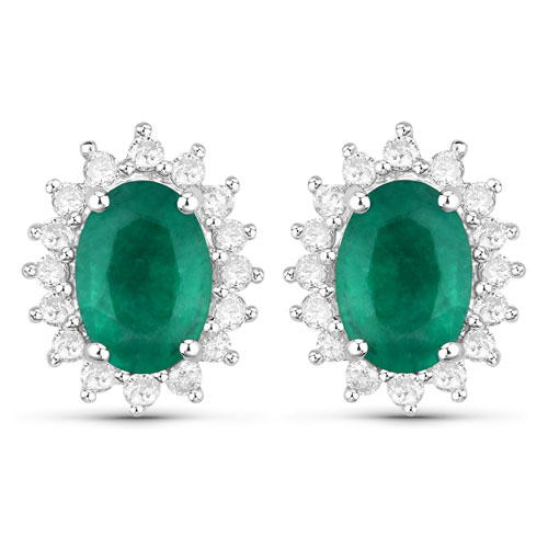 Emerald-1.86 Carat Genuine Zambian Emerald and White Diamond 14K White Gold Earrings