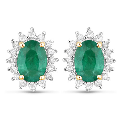 Emerald-1.86 Carat Genuine Zambian Emerald and White Diamond 14K Yellow Gold Earrings