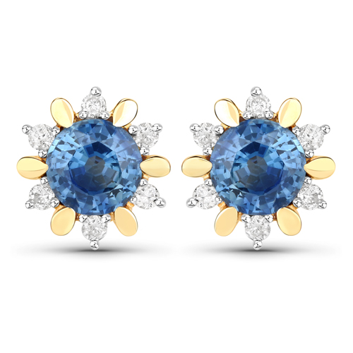Earrings-1.87 Carat Genuine Blue Sapphire and White Diamond 14K Yellow Gold Earrings
