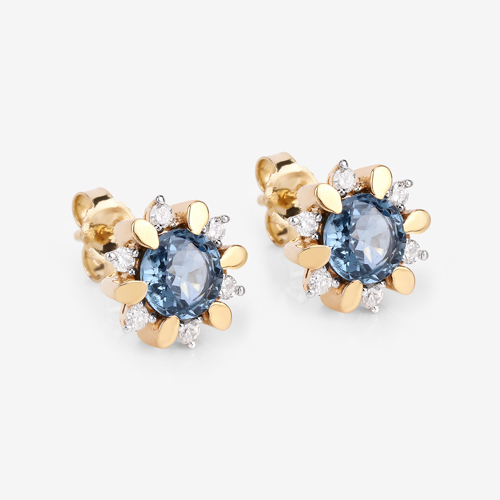 1.87 Carat Genuine Blue Sapphire and White Diamond 14K Yellow Gold Earrings